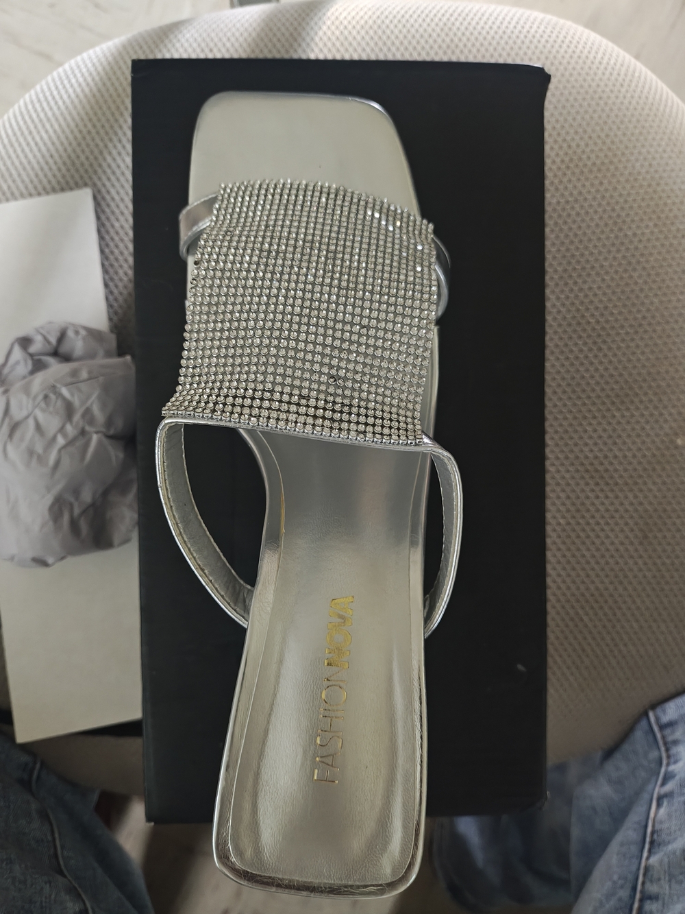Fashion Nova Silver Rhinestone Mesh Slide Mule